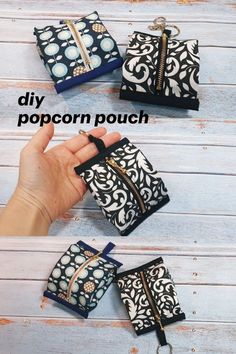 four zippered pouches are shown with the words diy popcorn pouch on them