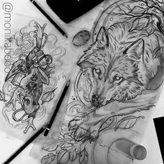 two drawings on paper with pens and ink next to each other, one has an image of a wolf