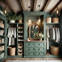 an organized closet with green cabinets and drawers