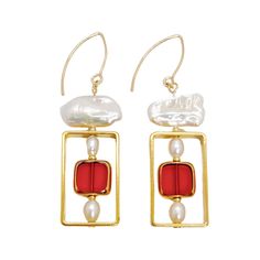 Gold & Pearl Earrings - These earrings, lightweight and designed to rotate and reposition with movement, are composed of red vintage German glass beads that were hand-pressed between during the period between the 1920s and 1960s, edged with 24k gold. It is complimented by Biwa and oval freshwater pearls. The metal frames are 24k gold-plated over brass and have been coated for anti-tarnish. The metal beads and earring post are gold-filled.  Each piece will vary slightly. Bead Frame, Pearls Earrings, Diy Jewelry Ideas, Red Square, Shopping Wishlist, Artful Home, Earring Post, Gold Pearl Earrings, Metal Frames