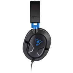 the turtle headphones are black with blue trimmings and an electronic cord on each ear