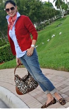 Casual Dress Attire, Fashion Work Outfit, Leopard Bag, Red Denim, Checked Blouse, Leopard Shoes, Boyfriend Jean, Trending Fashion Outfits