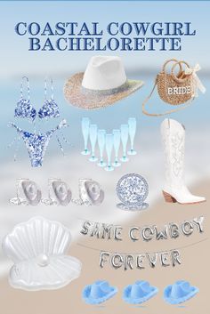 an advertisement for some cowboy jewelry on the beach with shells and hats in it, as well as seashells