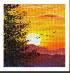 a painting of a sunset with birds flying in the sky and trees on the ground