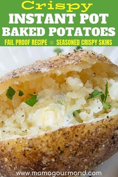 a close up of a baked potato on a plate with the title in the middle