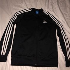 Brand New Adidas Black Sweater With The 3 White Stripes On The Side. Size Small Adidas Fitted Casual Track Jacket, Fitted Casual Adidas Track Jacket, Casual Black Outerwear With Side Stripes, Casual White Track Jacket With Side Stripes, Casual Black Track Jacket With Side Stripes, Black Tops With Three Stripes For Fall, Adidas Sweater, Black Adidas, Adidas Women