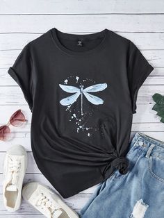 Plus Size Dragonfly Print Short Sleeve T-Shirt For Vacation & Leisure Graphic Tees Women Tops Black Casual  Short Sleeve Knitted Fabric Animal,Geometric,Butterfly  Medium Stretch Summer Women Plus Clothing, size features are:Bust: ,Length: ,Sleeve Length: Trendy Butterfly Print Crew Neck Tops, Trendy Crew Neck Tops With Butterfly Print, Casual Butterfly Print Tops For Summer, Butterfly Print Relaxed Fit Crew Neck Top, Casual Black Tops With Butterfly Print, Butterfly Print Crew Neck Top With Relaxed Fit, Relaxed Fit Butterfly Print Crew Neck Top, Casual Black Top With Butterfly Print, Blue Crew Neck Top With Butterfly Print