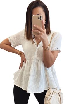 White Scalloped Trim Buttons Crinkled Peplum Top Chic Crinkle Texture Blouse For Day Out, Casual Textured Summer Blouse, Peplum Top Outfits Casual, Peplum Top Outfits, Crinkled Fabric, Peplum Designs, Shift Pattern, Peplum Tops, White Fashion Casual