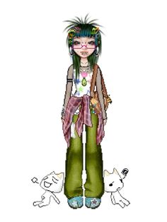 a drawing of a girl with green hair standing in front of two small white dogs