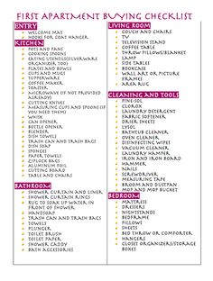 the first apartment buying checklist is shown in red and yellow, with words above it