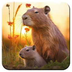 a mother groundhog and her baby standing in the grass at sunset with wildflowers