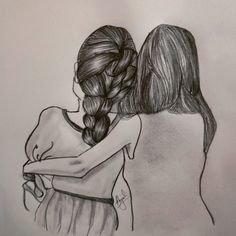 two girls hugging each other with their arms around one another, drawing by hand on paper