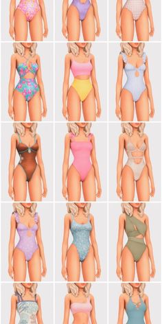 many different types of swimsuits are shown in multiple rows, including one woman's body