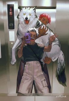 two people standing in front of an elevator with a wolf on their shoulders and one person taking a photo