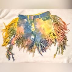 Baby Blue,Coral And Yellow Tie-Dye Fringed Denim Short Shorts Never Worn. Perfect Condition Great For Concert Or Festival! Great Party Shorts! Cotton Cutoff Bottoms For Festival, Cutoff Cotton Bottoms For Festival, Fun Cotton Shorts For Spring, Summer Yellow Cutoff Bottoms, Yellow Cutoff Bottoms For Summer, Yellow Cutoff Shorts For Summer, Multicolor High Waist Jeans For Summer, High Waist Multicolor Summer Jeans, Trendy Yellow Cutoff Shorts