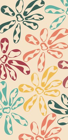 an abstract floral design in shades of red, green, yellow and blue on a cream background