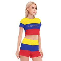 The comfortable suit, cropped top with shorts, can be worn during exercise or as casual wear ● Fabric: Jersey(95% polyester and 5% spandex) ● Regular fit ● Short sleeve, cropped top, crew neck, short pants. ● Fabric weight: 180g/m² ● Stitch Color: black or white, automatically matched based on patterns. ● Average Lead Time: 2-4 business days ● Care Instruction: machine wash cold with similar colors, line drying, do not bleach, and dry clean, iron at a maximum sole-plate temperature of 110oC with Sporty Multicolor Sets For Summer, Sporty Multicolor Summer Sets, Casual Short Crop Top For Sports, Sporty Summer Crop Top, Sporty Crop Top For Summer, Sporty Short Crop Top For Summer, Yellow Sporty Crop Top For Summer, Sporty Yellow Crop Top For Summer, Summer Sports Crop Top