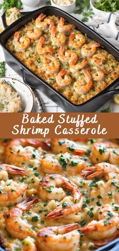 baked stuffed shrimp casserole with parsley on top and in a blue dish