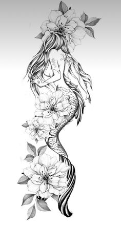 a drawing of a mermaid with flowers in her hair