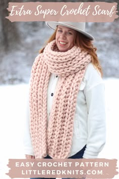 a woman wearing a knitted scarf with the text, extra super crochet scarf