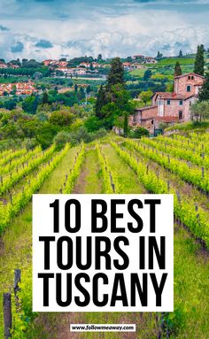 the words 10 best tours in tuscany on top of an image of a vineyard