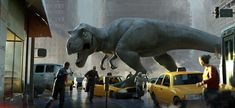 a large dinosaur is in the middle of a busy city street with taxi cabs and pedestrians