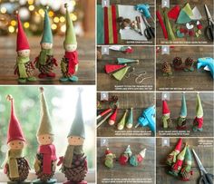 several pictures of gnomes made out of pine cones and other things to make them look like christmas trees