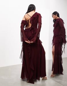 ASOS EDITION off-shoulder asymmetric ruffle detail maxi dress in burgundy | ASOS Fall Party Maxi Dress With Ruffles, Burgundy Floor-length Dress For Fall, Chic Fall Maxi Dress For Prom, Burgundy Maxi Dress For Party, Burgundy Floor-length Evening Maxi Dress, Chic Burgundy Maxi Dress, Chic Burgundy Prom Dress, Burgundy Floor-length Maxi Dress For Prom, Burgundy Maxi Dress For Date Night