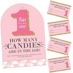 pink and gold 1st birthday candy bar wrappers with glitter numbers on the top, one is