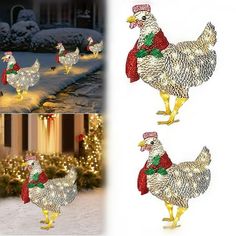 three different pictures of christmas lights in the shape of chickens and roosters on snow covered ground