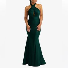 Cynthia & Sahar Ximena Style Cs112 Luxe Stretch Satin Evergreen Xl Ximena Turn Heads In This Alluring Floor-Length Mermaid Gown, Complete With An Open Back And Crisscross Halter Neckline That Creates A Peekaboo Cutout. Designed From A Luxe Stretch Satin Fabric, This Stunning Dress Extends Into A Mermaid Skirt With A Subtle Train, Enhancing An Hourglass Silhouette. Center Back Zip 82% Nylon 18% Spandex Fully Lined Hand-Wash Only Imported New With Tags Msrp: $289 Size Xl Approximate Measurements F Fitted Dark Green Evening Dress, Fitted Dark Green Evening Dress For Gala, Dark Green Evening Dress For Gala, Dark Green Gala Evening Dress, Green Halter Neck Maxi Dress For Prom, Elegant Green Halter Neck Maxi Dress, Dark Green Fitted Evening Dress, Fitted Dark Green Gown For Gala, Elegant Fitted Dark Green Gown