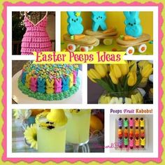 easter peeps ideas are featured in this collage with images of colorful cakes, flowers and bunnies