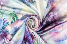 Experience elegance with our luxurious Italian silk charmeuse fabric. Soft and with a light, fluid drape, this fabric is perfect for any special occasion. The unique and vibrant tie-dye print adds a touch of originality, making a statement piece for any wardrobe. Luxury Multicolor Art Silk Fabric, Elegant Hand Dyed Multicolor Silk Scarf, Luxury Multicolor Silk Satin Scarf, Artistic Hand-dyed Silk Scarf For Summer, Elegant Hand-dyed Multicolor Silk Scarf, Silk Charmeuse, Tie Dye Print, All The Colors, Statement Pieces