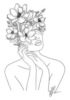 a line drawing of a woman with flowers in her hair, looking to the side