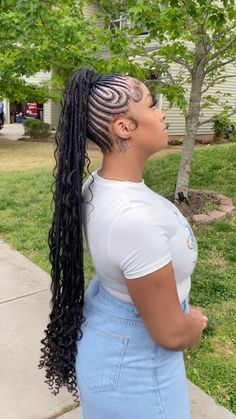 Braided Ponytail Designs, Curly Feed In Braids, Small Braids Into Ponytail, Cornrow Ponytail Styles 2024, Braided Feed In Ponytail, Pony Cornrow Hairstyles, Cornrow Updo Hairstyles For Black Women, Cornrow Ponytail With Curls, Braided Cornrow Ponytail Hairstyles