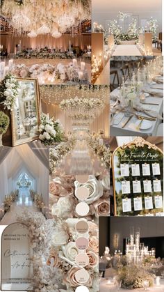 a collage of photos with flowers and chandelier hanging from the ceiling, wedding tables