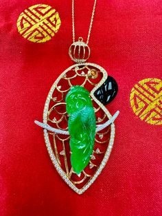 Please check out the HD video! The design of this Parrot within a Parrot is quite clever! Here is a vivid green Jade and diamond parrot pendant. It is certified by 2 labs to be natural without treatment. The carved parrot is vivid green and close to the best color in Jade. Best color being imperial green. (just one shade darker) The pendant is set in 18k yellow gold "parrot frame" and diamonds. A total of 0.92 Cts of diamonds were used all over the pendant. A small agate (eye) and black "beak" material (jade or onyx) is also set into this 18k yellow gold setting. The untreated / unenhanced natural jade is translucent. The color is vivid green color that is in high demand. The jade is full of life. This vivid green "pops" and the color is hard to forget. This is one of those pendants that y Best Color, Yellow Gold Setting, Be Natural, Natural Jade, Green Jade, Jade Green, Type A, Hermes Birkin, Green Color