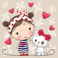 a cute cartoon girl with a cat on a hearts background