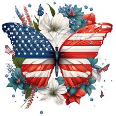 an american flag butterfly with flowers and butterflies around it