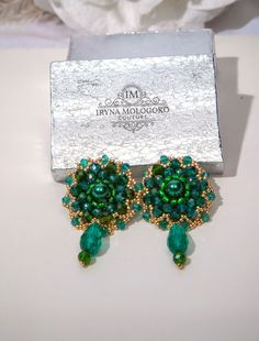 Green Emerald Earthy Stud Earrings Hand Beaded for Women - Etsy Bead Cap Drop Earrings As Gift, Bead Cap Drop Earrings For Gift, Bead Caps Drop Earrings As Gift, Beaded Stud Earrings, St. Patrick’s Day, Large Statement Earrings, Large Gift Boxes, Boho Green, Gold Hand