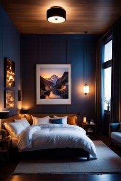 a large bed sitting in a bedroom next to two lamps and a painting on the wall