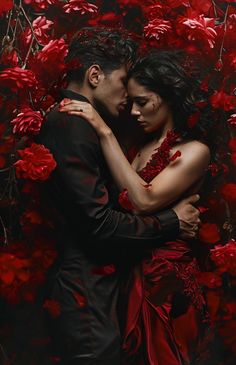 a man and woman embracing in front of red flowers