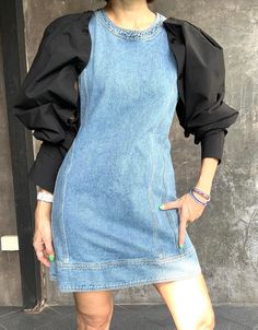 Super cool denim dress, the sleeves are removable so you can wear with or without sleeves. 2 Styles Denim mini dress. The sleeves are not falling down so they will look like in the picture. The zipper is at the back. Size : Bust 38 inch, Length 32 inch Chic Long Sleeve Denim Dress For Casual Wear, Denim Mini Dress For Casual Wear, Denim Blue Mini Dress For Dress Down Events, Denim Blue Mini Dress For Casual Occasions, Fall Mini Length Denim Dress, Blue Puff Sleeve Denim Dress For Fall, Fall Denim Dress With Puff Sleeves, Fall Denim Puff Sleeve Dress, Fall Mini Denim Dress