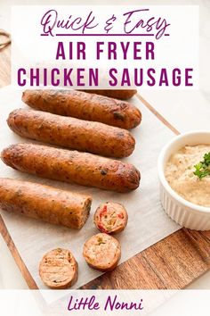 grilled chicken sausages on a cutting board with dip