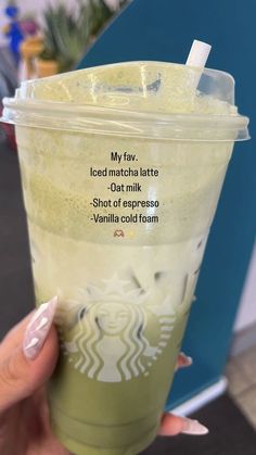 a person holding up a starbucks cup with the words, my fav iced latte don't get chilli shot of espresso vanilla cold foam