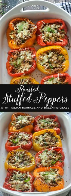 stuffed peppers with italian sausage and balsami cheese in a casserole dish