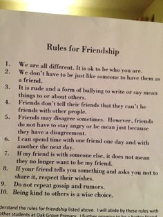 the rules for friendship written on a piece of white paper with black writing in it