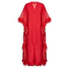 This original 1970s red feather dress ensemble by Guy Laroche is a high-end boutique piece or demi couture order and the perfect statement piece for any event or party. The ensemble is actually made up of two completely separate dresses which could each be worn alone. The inner dress is cut from a lightweight silk crepe in coral red which has a V-neck and gentle sloping cap sleeves. The front is pleated at the waistband and flows down beautifully into a long straight skirt with a front kick plea Red Feather Dress, Long Straight Skirt, Bday Dress, 25th Bday, Outer Dress, Ostrich Feather Trim, Batwing Dress, Silk Chiffon Dress, Red Feather