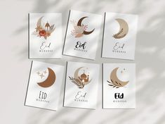 six cards with different designs on them and the words eid, eid, eid