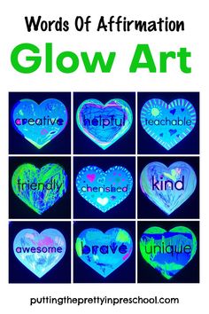 This black light "Words Of Affirmation" Glow Art activity is a must-try. It is a science, art, and language self-esteem-building project. Words Of Affirmation Activities, Glow Theme Classroom Door, Glow In The Dark Arts And Crafts, Glow Party Crafts For Kids, Neon Day Activities, Glow Day Craft, Glow Activities For Kids, Glow In The Dark Art For Kids, Glow Crafts For Kids